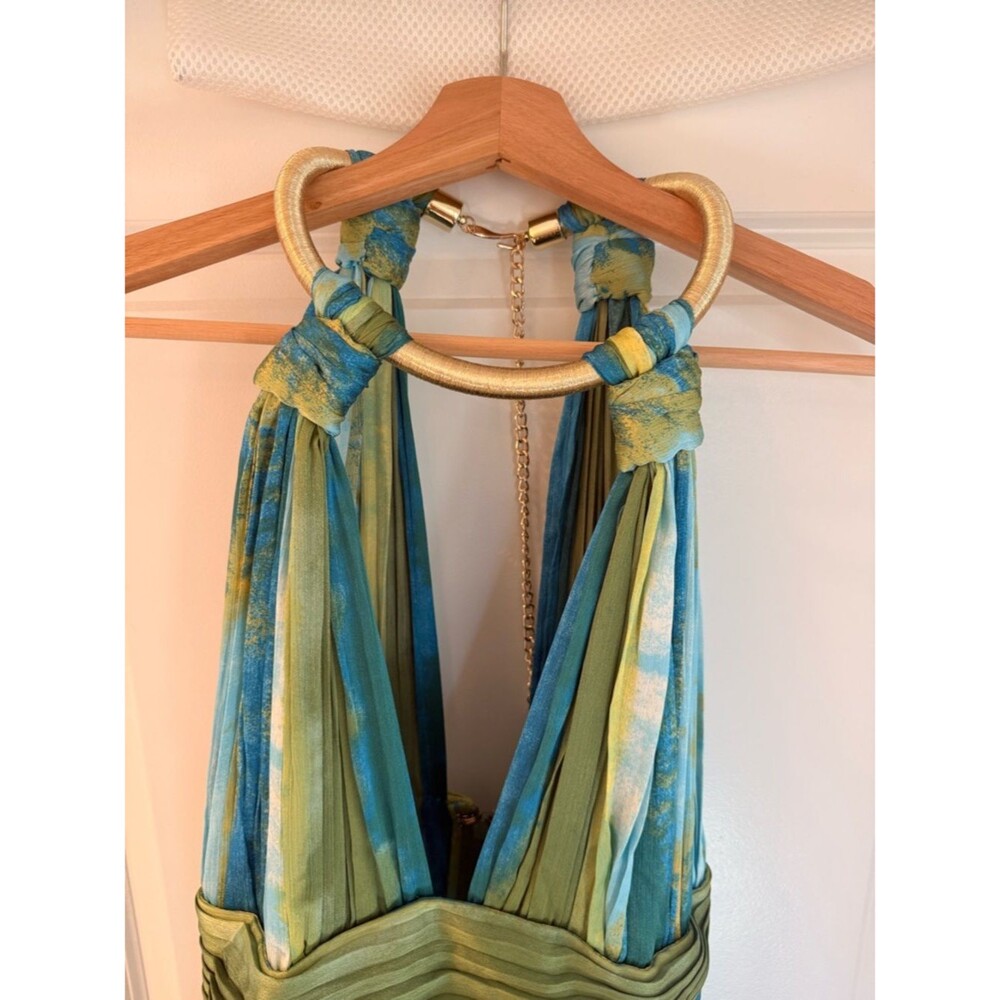 Bronx Banco Palma Coastal Gown Teal & Lime Halter High-Low Ruffle Maxi Dress - Picture 9 of 16